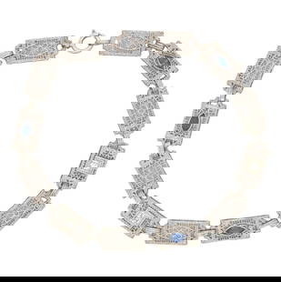 Art Deco 10k White Gold Diamond Filigree Bracelet with Blue Paste Stones: Art Deco 10k White Gold Diamond Filigree Bracelet with Blue Paste Stones This stunning Art Deco bracelet showcases intricate filigree design crafted from 10k white gold. Measuring 7.25 inches in lengt