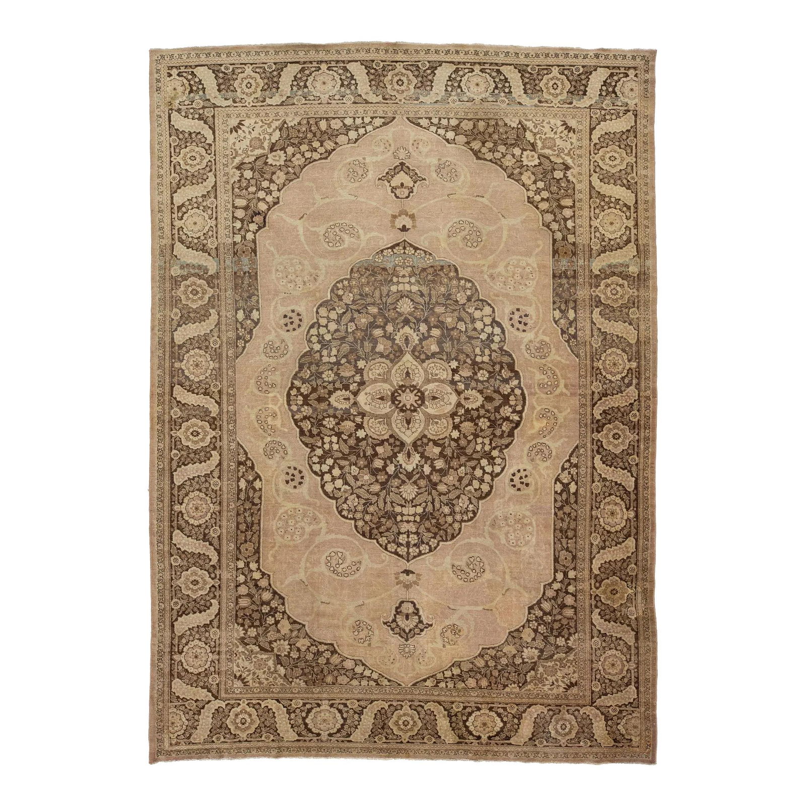 Persian Antique Tabriz Wool Rug 9'5 x 13 Peach with Motif: Persian Antique Tabriz Wool Rug 9'5 x 13 Peach with Motif Discover the elegance of this Persian antique hand-knotted Tabriz wool rug, featuring a stunning peach-colored field adorned with intricate br