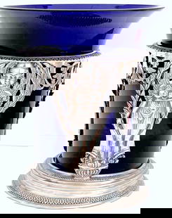 18th Century Hallmarked Silver Cobalt Glass Vase Paris 1798: 18th Century Hallmarked Silver Cobalt Glass Vase Paris 1798 This distinguished 18th Century Silver & Cobalt Glass Vase, crafted during the French 1st Republic in Paris in 1798, showcases exquisite cra