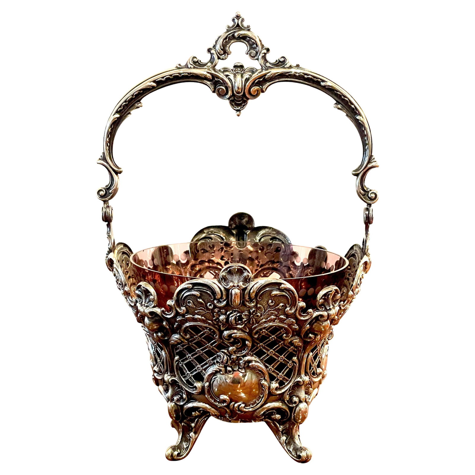 19th Century Continental Sterling Rococo Basket with Amethyst Glass Liner: 19th Century Continental Sterling Rococo Basket with Amethyst Glass Liner This exquisite Continental sterling silver Rococo-style basket showcases the opulence of late 19th-century craftsmanship. Orig