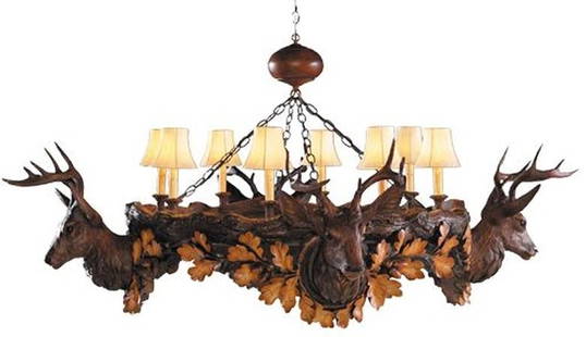 Hand-Cast Aspen Stag Bowl Chandelier 32H x 60W x 60D Black Forest Style: Hand-Cast Aspen Stag Bowl Chandelier 32H x 60W x 60D Black Forest Style Elevate your rustic decor with this stunning Hand-Cast Aspen Stag Chandelier, designed to bring a touch of charm to any space. T