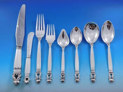 Georg Jensen Acorn Sterling Silver Flatware Set for 8 64 pcs XL: Georg Jensen Acorn Sterling Silver Flatware Set for 8 64 pcs XL Experience the timeless elegance of the Acorn pattern by Georg Jensen, an iconic sterling silver flatware dinner set designed by Johan R