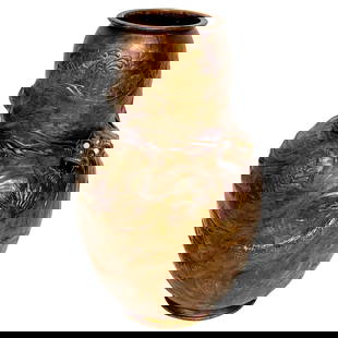 Bretby Japonisme Dragon Motif Copper Clad Vase Circa 1890s: Bretby Japonisme Dragon Motif Copper Clad Vase Circa 1890s This striking Japonisme Dragon Motif Copper Clad Vase, crafted by Bretby Pottery in the late 19th century, showcases a unique tapering gourd