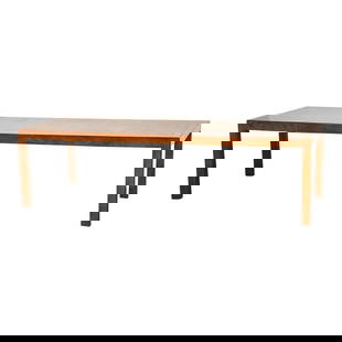 Mid-Century John Widdicomb Burl Dining Table 103.75" Extended: Mid-Century John Widdicomb Burl Dining Table 103.75" Extended This stunning mid-century modern burl dining table exemplifies the craftsmanship of John Widdicomb. Designed in a Parsons style, it featur