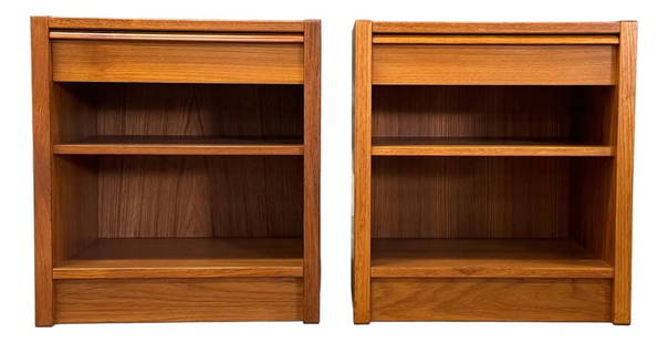 1960s Danish Modern Teak Nightstands by Jesper - Pair of Mid Century Pieces: 1960s Danish Modern Teak Nightstands by Jesper - Pair of Mid Century Pieces This pair of 1960s Danish Modern nightstands showcases a sleek and minimalist design, crafted from rich teak wood. Each nigh