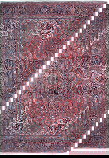 8.10 x 11.6 Red Semi-Antique Persian Heriz Area Rug: 8.10 x 11.6 Red Semi-Antique Persian Heriz Area Rug Enhance your space with this exquisite 8.10 x 11.6 red semi-antique Persian Heriz rug, a perfect blend of tradition and elegance. This beautiful are