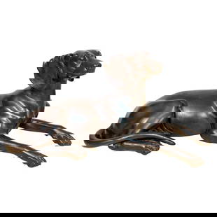 20th Century French Bronze Sculpture of Recumbent Hunting Dog: 20th Century French Bronze Sculpture of Recumbent Hunting Dog This exquisite French School bronze sculpture depicts a recumbent hunting dog, masterfully crafted in the 20th century. The piece showcase