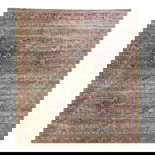 Antique Kerman 12'4 x 13'10 Hand-Knotted Wool Floral Rug: Antique Kerman 12'4 x 13'10 Hand-Knotted Wool Floral Rug Discover the elegance of this antique Kerman hand-knotted wool rug, featuring a rich brown field adorned with a stunning all-over floral patter