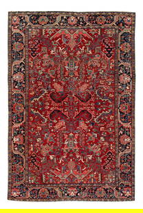 Antique Persian Heriz Wool Rug Red Multicolored Medallion 7' x 10': Antique Persian Heriz Wool Rug Red Multicolored Medallion 7' x 10' Discover this exquisite hand-knotted antique Persian Heriz wool rug, featuring a vibrant red field complemented by a striking black b
