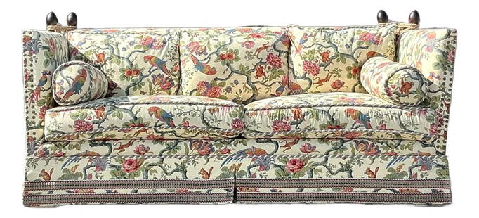 Vintage Regency Knole Sofa by Schwartz Paris Ivory Upholstery: Vintage Regency Knole Sofa by Schwartz Paris Ivory Upholstery Introducing a luxurious vintage Regency-style Knole sofa, custom-designed by Schwartz Paris. This exquisite piece features beautifully pri