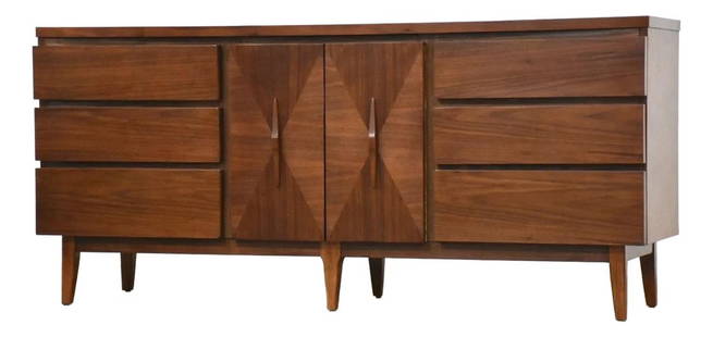 1960s Walnut Mid Century Long Dresser with Sculpted Pulls: 1960s Walnut Mid Century Long Dresser with Sculpted Pulls This stunning mid-century modern long dresser showcases a refined walnut finish with sculpted pulls, offering both style and functionality. Pr