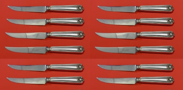 Frank Smith Fiddle Shell Sterling Silver Steak Knife Set 12 pcs 8.5": Frank Smith Fiddle Shell Sterling Silver Steak Knife Set 12 pcs 8.5" This exquisite custom set of 12 steak knives features the elegant Fiddle Shell pattern crafted by Frank Smith. Each knife measures