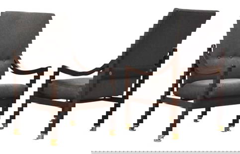 Ib Kofod Larsen Megiddo Lounge Chairs Pair Brass Sabots Gray Fabric: Ib Kofod Larsen Megiddo Lounge Chairs Pair Brass Sabots Gray Fabric This exquisite pair of lounge chairs, designed by Ib Kofod Larsen, is a remarkable addition to any interior. Part of the Megiddo Col