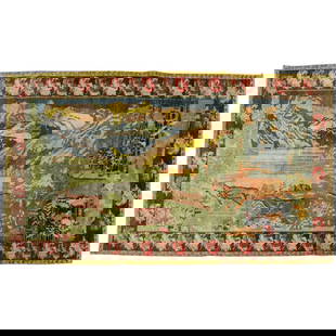 Vintage 1950s Russian Karabagh Rug with Running Deers Design: Vintage 1950s Russian Karabagh Rug with Running Deers Design This exquisite mid-20th century Russian Karabagh rug features a captivating design of four running deers set against a scenic background, f