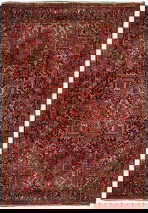 7.8 x 10.5 Handwoven Maroon Persian Heriz Area Rug: 7.8 x 10.5 Handwoven Maroon Persian Heriz Area Rug Introduce timeless elegance to your living space with this 7.8 x 10.5 Maroon Semi-Antique Persian Heriz Rug. Handwoven by skilled Persian artisans, t