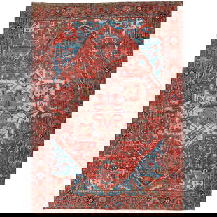 Antique Persian Heriz Carpet 12'9 x 17'9 Wool Hand-Woven 1920 Iran: Antique Persian Heriz Carpet 12'9 x 17'9 Wool Hand-Woven 1920 Iran This oversize antique Persian Heriz carpet showcases a magnificent design, featuring a large ivory medallion set against a vibrant to