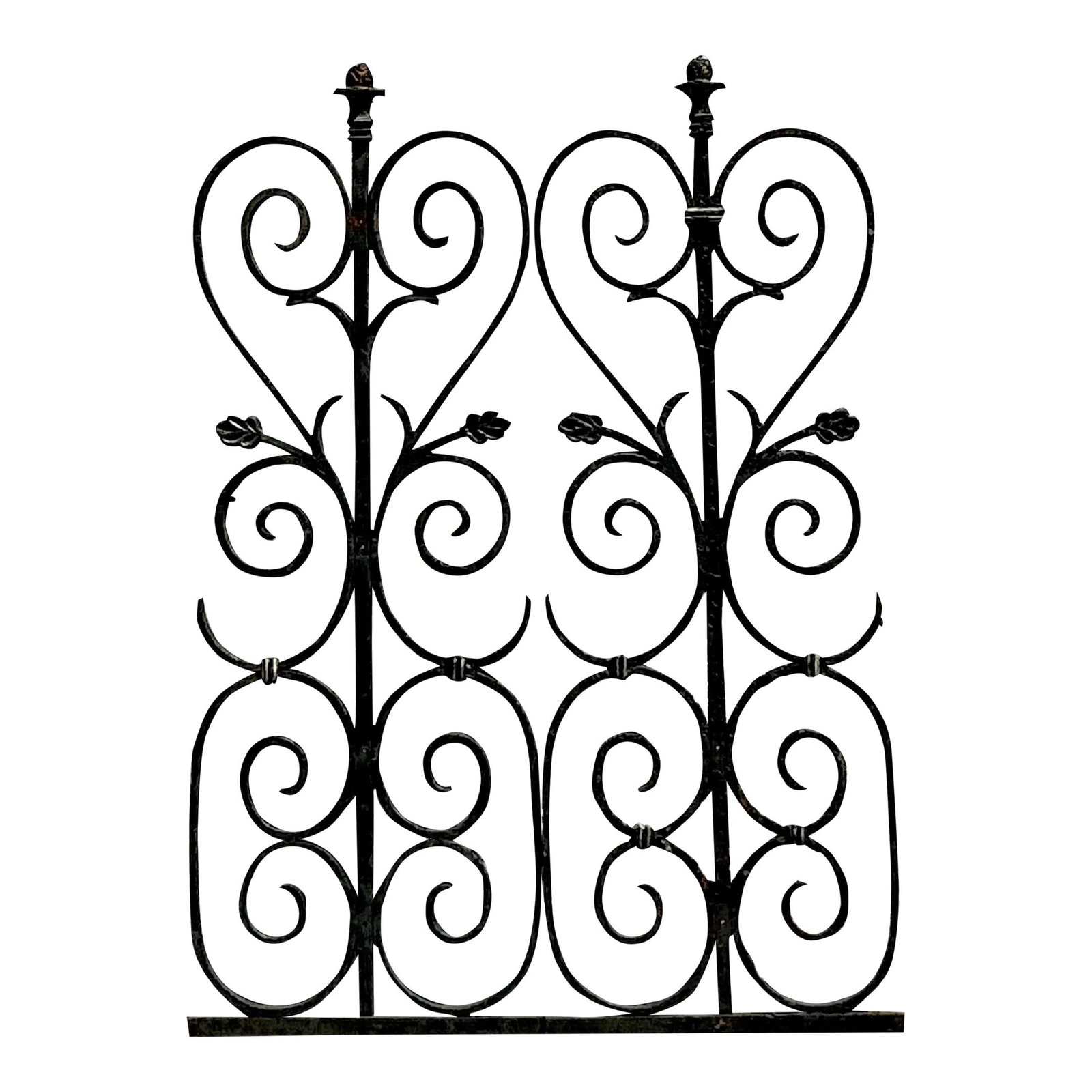 Pair of Vintage Regency Wrought Iron Grates with Heart Design: Pair of Vintage Regency Wrought Iron Grates with Heart Design Elevate your space with this exquisite pair of vintage Regency wrought iron grates. Featuring an elegant heart-shaped scroll design and in