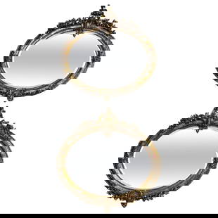 Pair of Louis XV French Giltwood Beveled Oval Mirrors Set of 2: Pair of Louis XV French Giltwood Beveled Oval Mirrors Set of 2 Enhance your decor with this exquisite pair of French Louis XV Carved Giltwood and Paint-Decorated Beveled Oval Mirrors. Each mirror feat