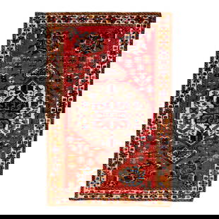 Vintage Handmade Persian Wool Rug Red Medallion 4'4" x 6'9": Vintage Handmade Persian Wool Rug Red Medallion 4'4" x 6'9" Discover the exquisite craftsmanship of this Vintage Handmade Persian Wool Rug, featuring a vibrant red field adorned with multicolored acce
