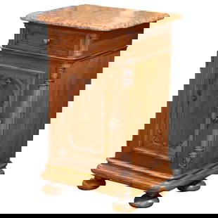 19th Century Louis Philippe Walnut Nightstand with Rosa Verona Marble Top: 19th Century Louis Philippe Walnut Nightstand with Rosa Verona Marble Top Enhance your bedroom or hallway with this exquisite 19th Century French Louis Philippe nightstand. Crafted circa 1880, this an