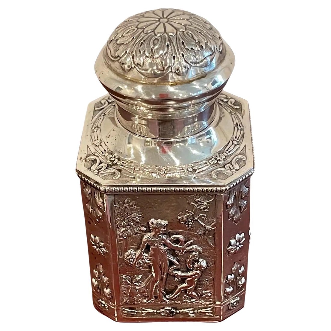 Antique French Sterling Silver 'Four Seasons' Tea Caddy 1880s Neoclassical Revival: Antique French Sterling Silver 'Four Seasons' Tea Caddy 1880s Neoclassical Revival This exquisite Antique French Sterling Neoclassical 'Four Seasons' Tea Caddy is a striking example of late 19th-centu