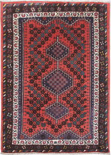 Handcrafted 4.9 x 6.8 Red Persian Hamadan Area Rug from Iran: Handcrafted 4.9 x 6.8 Red Persian Hamadan Area Rug from Iran Discover the exquisite 4.9 x 6.8 Red Persian Hamadan Rug, a stunning piece handwoven by skilled artisans in the Hamadan region of Iran. Thi