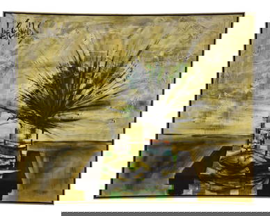 1967 Lee Reynolds Modern Abstract Oil Painting 61 x 49 Inches: 1967 Lee Reynolds Modern Abstract Oil Painting 61 x 49 Inches This striking 1967 vintage modern oil painting by Lee Reynolds showcases a captivating blend of yellow and black in an abstract and impres