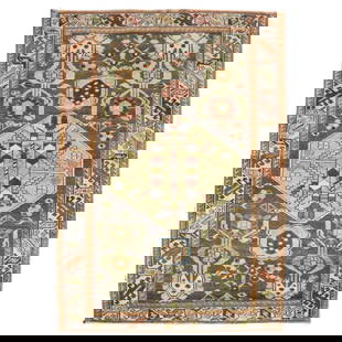 Antique Persian Bakhtiari 3'9 x 5' Hand-Woven Wool Rug 1930s: Antique Persian Bakhtiari 3'9 x 5' Hand-Woven Wool Rug 1930s Experience the charm of the early 20th century with this Antique Persian Bakhtiari scatter size rug. Hand-woven from high-quality wool, thi