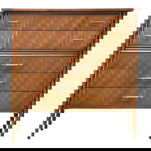 Mid Century Modern Walnut Brass Tall Dresser 41" Height: Mid Century Modern Walnut Brass Tall Dresser 41" Height This mid-century modern tall dresser features an elegant design with cascading walnut drawer fronts complemented by polished brass drawer pulls.