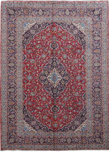 Authentic 9.10 x 13.7 Red Persian Kashan Rug with Signature: Authentic 9.10 x 13.7 Red Persian Kashan Rug with Signature Indulge in the regal allure of this 9.10 x 13.7 Red Persian Signed Kashan Rug, a true masterpiece of Persian craftsmanship. Handcrafted by s