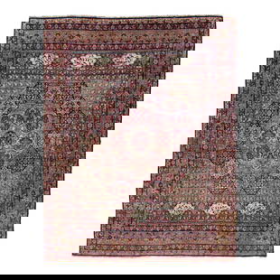 Antique Kerman Handmade Wool Rug 8'10" x 11' Floral Design: Antique Kerman Handmade Wool Rug 8'10" x 11' Floral Design Beautiful antique Kerman hand-knotted wool rug with a tan field. This Kerman rug has pink, red, and blue accents in a gorgeous all-over flora