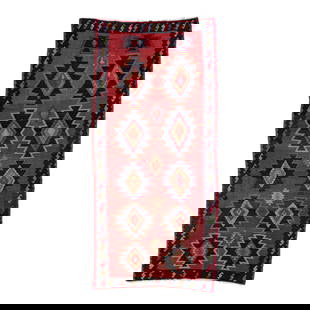 Vintage Turkish Kilim Wool Rug 5'6 x 11'8 Red Tribal Design: Vintage Turkish Kilim Wool Rug 5'6 x 11'8 Red Tribal Design Beautiful vintage Turkish Kilim hand-knotted wool rug with a red field. This piece has a black frame and multicolor accents in an all-over g
