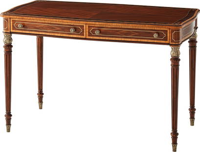 Theodore Alexander Mahogany Desk with Brass Accents 30H x 46W x 24D: Theodore Alexander Mahogany Desk with Brass Accents 30H x 46W x 24D This elegant mahogany desk features exquisite brass details and embodies the charm of English Traditional Style. Designed with a rec