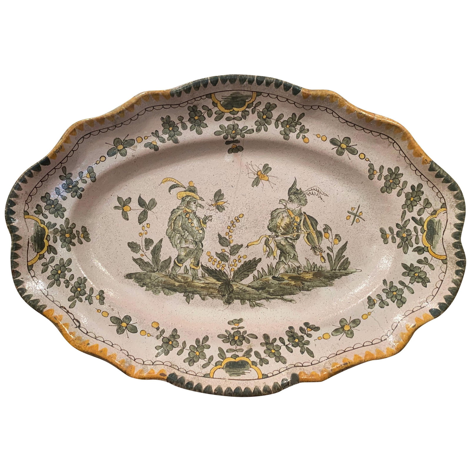 18th Century Moustiers Hand Painted Ceramic Wall Platter: 18th Century Moustiers Hand Painted Ceramic Wall Platter This exquisite 18th Century French Hand Painted Ceramic Wall Platter from Moustiers is a stunning example of antique craftsmanship. Measuring 1