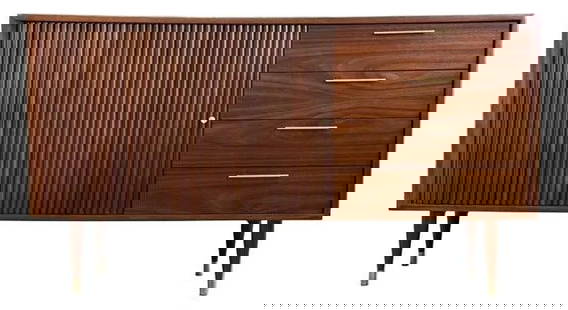 Mid Century Modern Walnut Credenza 1960s Brass Pulls Tambour Door: Mid Century Modern Walnut Credenza 1960s Brass Pulls Tambour Door A mid century modern walnut four dovetail drawer dresser credenza with brass drawer pulls and a tambour door. Professionally refinishe