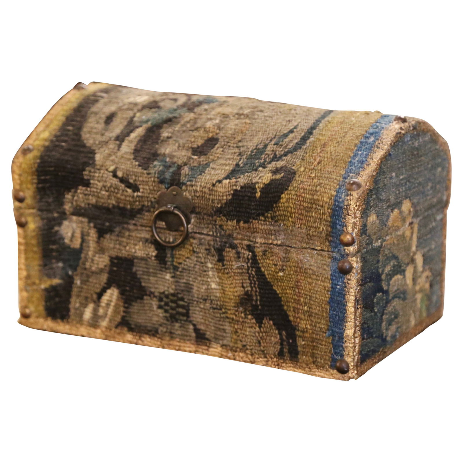 Aubusson Tapestry Bombe Jewelry Box by J. Lamy: Aubusson Tapestry Bombe Jewelry Box by J. Lamy This exquisite decorative bombe jewelry box showcases a stunning 18th century Aubusson tapestry, signed by French artist Jacques Lamy. Hand-crafted and h