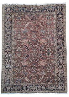 6' 10" x 9' Salmon Red Persian Heriz Rug: 6' 10" x 9' Salmon Red Persian Heriz Rug Elevate your living space with this stunning Salmon Antique Persian Heriz Rug, expertly handcrafted by skilled Persian artisans. This exquisite area rug showca