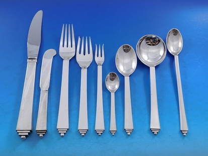 Georg Jensen Pyramid Sterling Silver Flatware Set 56 Pieces for 6: Georg Jensen Pyramid Sterling Silver Flatware Set 56 Pieces for 6 Elevate your dining experience with the Pyramid Sterling Silver Flatware Set by Georg Jensen, designed for 6 service. This exquisite 5