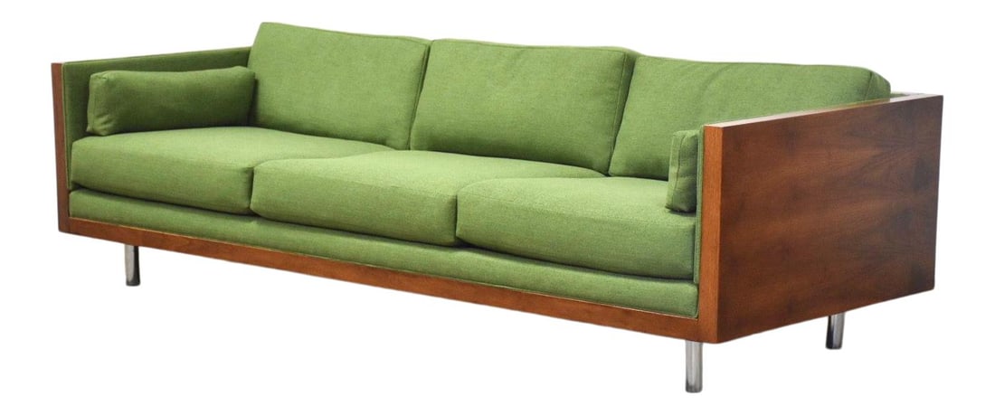 Milo Baughman Inspired Green Walnut Sofa with Chrome Legs 85.75": Milo Baughman Inspired Green Walnut Sofa with Chrome Legs 85.75" Experience mid-century modern elegance with this exquisite walnut case green sofa featuring stylish chrome legs, inspired by the design