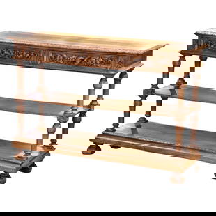 19th Century Louis XIII Hand-Carved Oak Console Table France: 19th Century Louis XIII Hand-Carved Oak Console Table France Introduce timeless elegance to your home with this exquisite 19th Century French Henri II Carved Oak Console Table Server. Measuring 59 in