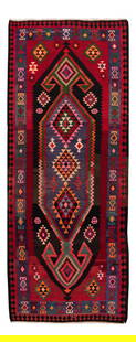 Hand-Woven Vintage Kilim Rug 5' x 12'10'' Red Wool Geometric: Hand-Woven Vintage Kilim Rug 5' x 12'10'' Red Wool Geometric Discover the charm of this hand-woven vintage kilim rug featuring a striking red field adorned with vibrant multi-color geometric accents.