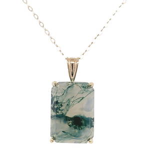 14k Yellow Gold 7.26ct Emerald Cut Moss Agate Pendant with 18in Chain GIA Certified: 14k Yellow Gold 7.26ct Emerald Cut Moss Agate Pendant with 18in Chain GIA Certified This exquisite pendant features a stunning 7.26 carat genuine natural moss agate, elegantly set in 14k yellow gold.