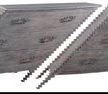 Weathered Gray Bowfront Chest with Brass Hardware: Weathered Gray Bowfront Chest with Brass Hardware This exquisite Bowfront Chest, crafted in the Swedish Gustavian style, features a charming weathered gray finish that enhances its antique or vintage