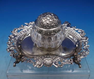 Gorham Sterling Silver Inkwell with Tray and Winged Angels 1891: Gorham Sterling Silver Inkwell with Tray and Winged Angels 1891 This exquisite Gorham sterling silver inkwell set includes a beautifully crafted tray and pen rest, adorned with intricate winged angels