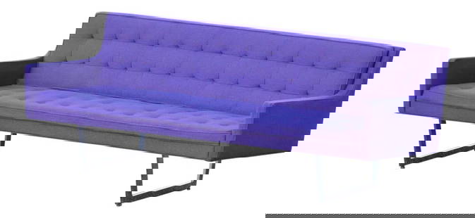 Patrician Mid-Century Modern Purple Sofa with Chrome Base 83.5": Patrician Mid-Century Modern Purple Sofa with Chrome Base 83.5" Introducing a stunning mid-century modern vintage sofa that showcases a rich purple fabric beautifully complemented by a sleek chrome ba