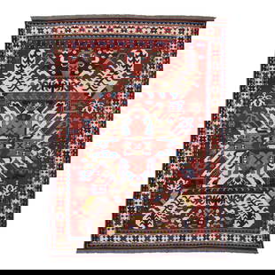 Handmade Kazak Red Wool Rug 6'9 x 8'10 Geometric Motif: Handmade Kazak Red Wool Rug 6'9 x 8'10 Geometric Motif This exquisite handmade Caucasian Kazak-style rug features a vibrant red field adorned with geometric motifs in ivory, pink, and blue accents. Me