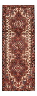 Ivory Vintage Hamadan Handmade Wool Runner 4' x 10'4: Ivory Vintage Hamadan Handmade Wool Runner 4' x 10'4 Beautiful Vintage Hamadan Handmade Wool Rug with a Ivory field and multicolor accents in allover Traditional geometric floral design. This rug meas