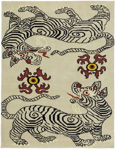 Handmade Nepali Tiger Beige Tribal Wool Area Rug 5'3" x 7'0": Handmade Nepali Tiger Beige Tribal Wool Area Rug 5'3" x 7'0" Enhance your living space with this exquisite Handmade Nepali Tiger Beige Tribal Rug. Measuring 5'3" x 7'0", this modern wool area rug feat