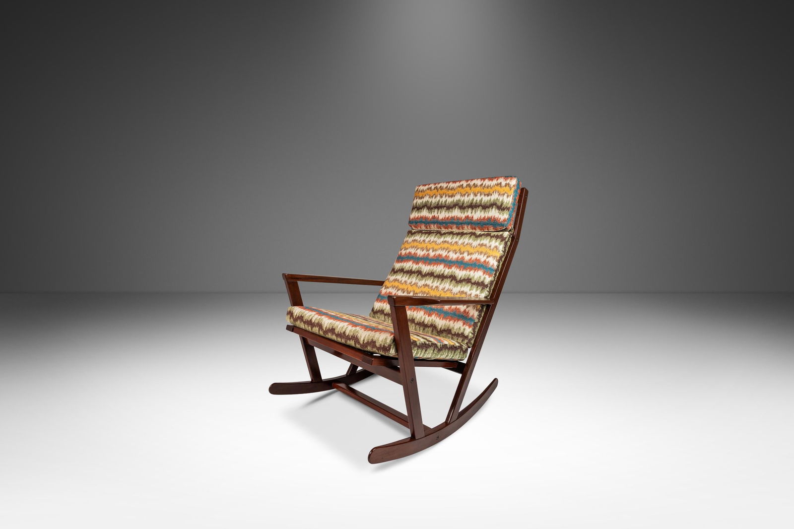 Poul Volther Danish Modern Rocking Chair Mahogany Bohemian Upholstery 1960s: Poul Volther Danish Modern Rocking Chair Mahogany Bohemian Upholstery 1960s Discover a remarkable Danish Mid-Century Modern Sculptural Rocking Chair, expertly designed by Poul Volther for Frem Rojle i