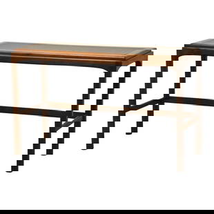 Mid Century Modern Walnut Console Table 47.5 x 18 x 29: Mid Century Modern Walnut Console Table 47.5 x 18 x 29 This mid-century modern walnut sofa table features a durable, scratch-resistant formica top, making it an ideal console or entryway table. With a